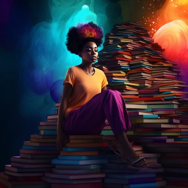 imagination, Clipart illustration of afro cosmepolitian woman sitting on top of books, realistic in the style of nene thomas, 100k background, Abstract, Colorful, beautifully color - coded, beautifully color graded, Unreal Engine, Cinematic, Color Grading, Editorial Photography, Photography, Photoshoot, Shot on 70mm lense, Depth of Field, DOF, Tilt Blur, Shutter Speed 1/ 1000, F/ 22, White Balance, 32k, Super - Resolution, Megapixel, ProPhoto RGB, VR, Lonely, Good, Massive, Halfrear Lighting, Ba