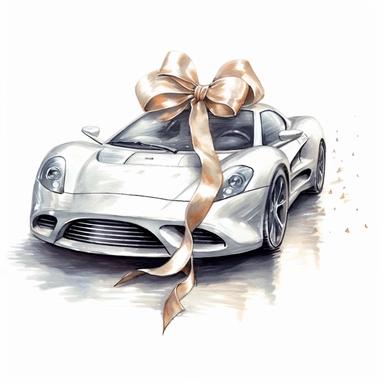 sport car with silver bow and ribbon as gift, wedding gift, white background, clipart, in the style of elegant realism, muted and subtle tones, detailed painting, transparency and lightness, crisp image
