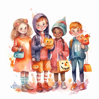 Generate a watercolor clipart image of a group of trick-or-treaters dressed in costumes and holding their candy bags on a Halloween night, white background