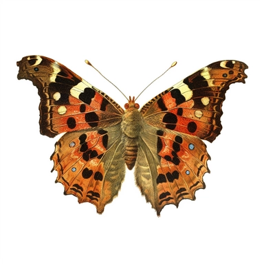 Vintage 1920 Polygonia Comma Butterfly Illustration, Chromolithograph, 1920s Illustration, Vintage, Chromolithograph, Colorful, Antique, Ephemera, Clipart, 8k, Isolated on white