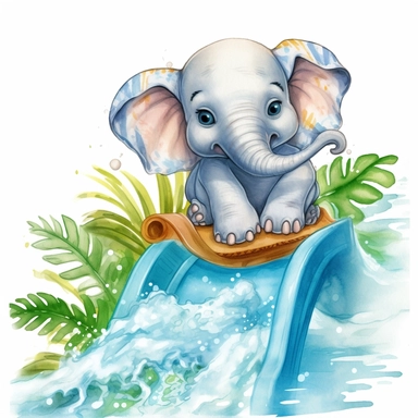 Create a watercolor illustration clipart of a playful cute Baby Elephant Riding the water slide, with its full body visible. Use soft, flowing brushstrokes and a warm, inviting color palette to create an image that is both charming and whimsical. Incorporate intricate details like the motion of Baby Elephant Riding the water slide to create a lifelike, realistic image. Can add other elements to the illustration like related item to play to create playful scene. Use white background to allow the 