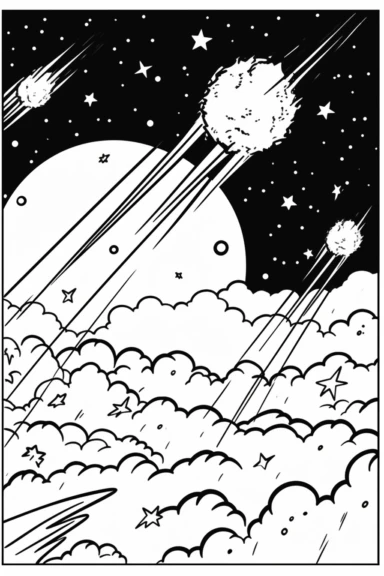 meteors , clipart style of coloring book for children, super simple, thick, clear, lines, black and white, white background