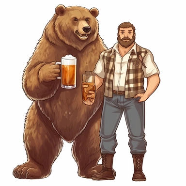Create a set of clipart showing brown bear fur including a dad bear holding a beer glass, crisp lines, super detailed high resolution white background 5.1