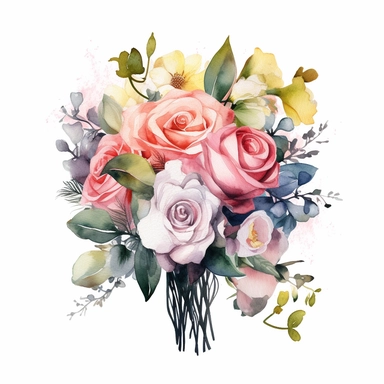 watercolor painted bouquet of mixed colored roses clipart, Flower Border clipart, Minimalist Flower Bouquet clipart, mixed colored roses Clipart roses painting formal glamour elegant style wedding floral bouquet, wedding clipart include babys breath flowers in the bouquet 4