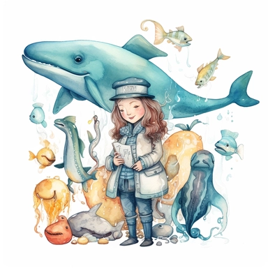 cute cartoon drawing of ichthyology doctor sourounded by whales and fish, dribbble illustration, art station trending, inspired by Esther Blaikie MacKinnon, ichthyology and more, professional portfolio, cute!, blurry and dreamy illustration, by Amalia Lindegren, vignette illustration - watercolor clipart