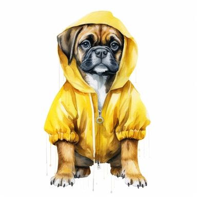 watercolor, happy boxer puppy wearing a yellow raincoat clipart, on clean white background