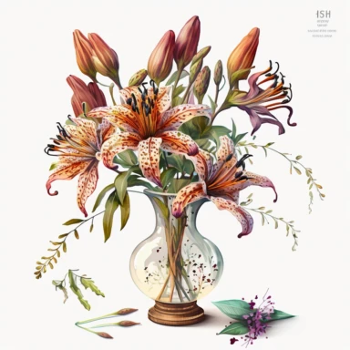 Watercolor realistic detailed purple tiger lily bouquet in stunning vase clipart, white background, no text