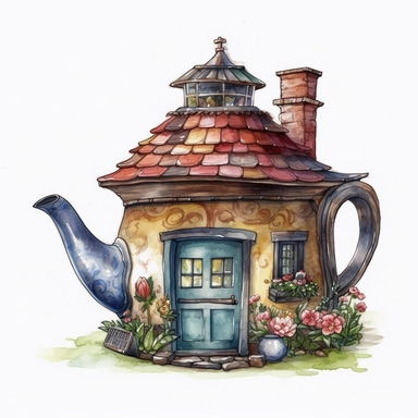a Teapot House watercolor Clipart sublimation clipart graphic, full body, clipart, sticker, a single picture, cartoon style, highly detailed, 8k, one image in the frame--no text in the picture--