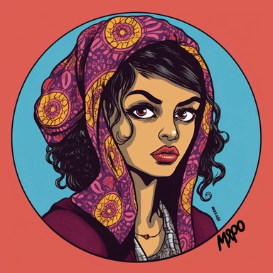 Mike Allred's painting depicting a fashionable professional mysterious young girl African Persian spy, Amoako Boafo Josh Kirby, handpainted punk zine indie retrowave, clipart illustration, circular solid background, circular border
