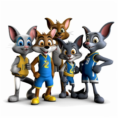 Original Goldenstate Warriors basketball players as funny animals Design 3d clipart with black contours. White background
