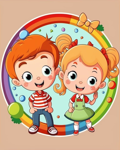 cartoon style vector with outlines cute funny kids learning boy and girl cartoon character rainbow background primary colors kids style of stock clipart