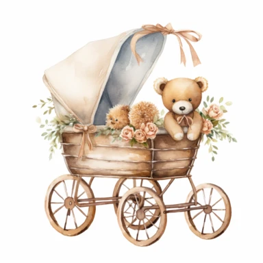 clipart, cute, boho, simple, clean watercolor, baby trolley with vintage bears inside