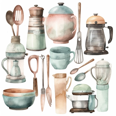 Create watercolor clipart of kitchen utensils and appliances, such as pots, pans, spatulas, blenders, and coffee makers. Use soft pastel colors to give the clipart an elegant and refined look, white background