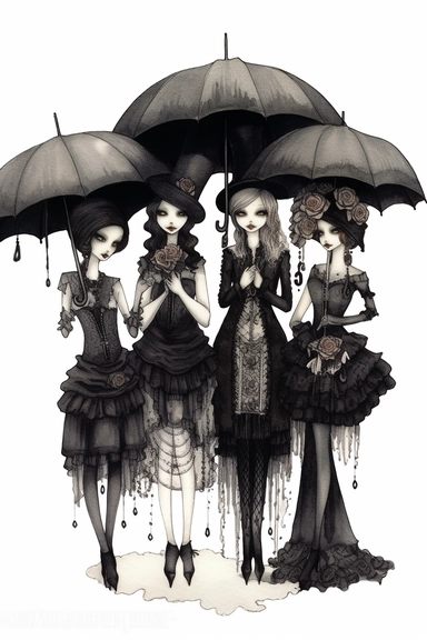 watercolor mixed media goth steampunk bride girl entire body and bridesmaids in goth steampunk wedding decor illustration clipart by holly hobbie