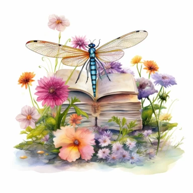 artwork in the style of cicely mary barker, clipart, whimsical watercolour illustration of a cute dragonfly and flowers, very colourful, watercolor clipart, book cover illustration, hyper HD, white background