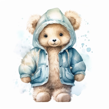 watercolor , character cute dressed baby teddy bear, clipart, vector, on white background, 8k