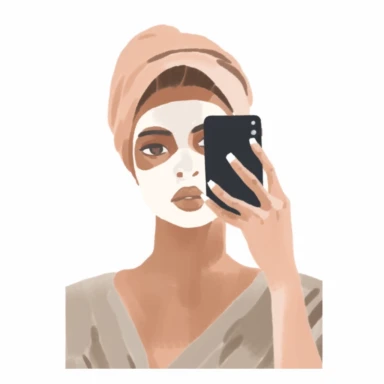 a watercolor sticker of a woman taking a selfie with face mask and towel on her hair. Clipart. Neutral beige faded color palette. White background. Artistic illustration. Minimal. Hand-drawn.
