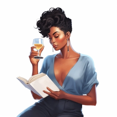 Gorgeous black woman clipart, reading a book while sipping a cocktail, pixie cut hairstyle, blue blouse, dark brown skinned, melanin, white background - - v 5