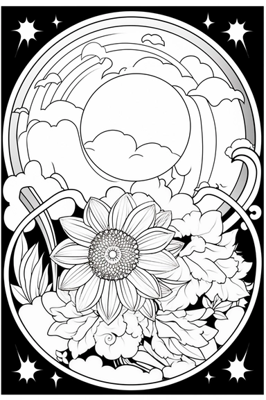 Simple Black and White coloring book page with, white background, white replaces all colors except outline of clipart sun moon combo