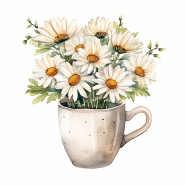 basic watercolor daisies in a cup of coffee top view in minimal hand drawn style, Etsy, textured, clipart, white background