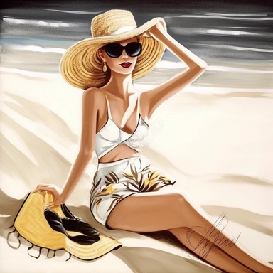 portrait view, full view, clipart illustration, beautiful lady sunbathing on beach, exact image, sharp focus, high detail, (--iw 5)