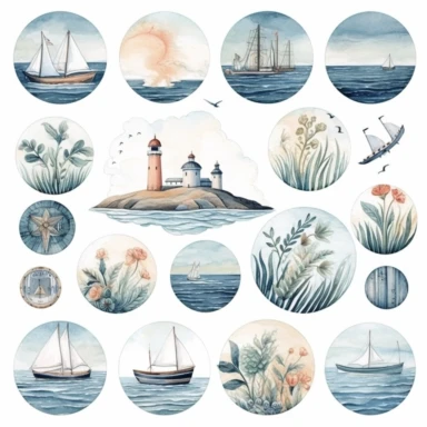 Watercolor Seaside relax collection. Sea rest clipart for design in PNG. Nautical DIGITAL set. Mediterranean weekend clipart, 300 dpi