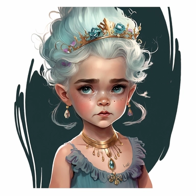 boho little girl, big eyes, light lavender skin, short white hair in tall updo with a small gold crown, teal eyeshadow and red lipstick, black cami, nautilus shell necklace, evil laugh, mole beside bottom left lip, holding a gold trident, very detailed and realistic, watercolor, half body, white background with margins, clipart style,