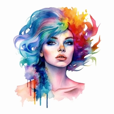 a beautiful woman princess with rainbow hair. white background. clipart. watercolour.