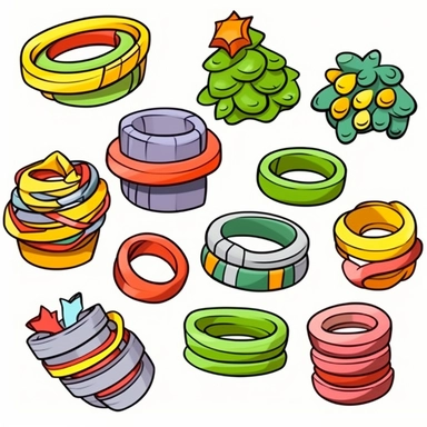 rubber bands, object, vibrant colors, cel shading, game graphics, clean lines, lineart, simple, cute, kawaii, on white background, vector art, clip art, doodle art, comic art