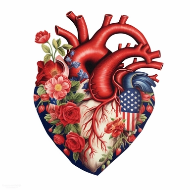 realistic illustration, real heart clipart, with floral decoration, with colors of the united states flag, july 24th, high definition embedded details, white background,