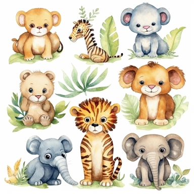 Watercolor baby jungle animals , illustrations clipart set, simple , cartoon elements, different variants , , separate elements with a margin