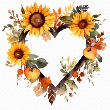 ultrarealistic watercolor Fall Wreath iv heart free editable flower png clipart with leaves, berries, pinecones, and sunflowers that symbolize the autumn season, positive/negative space, paper cut-outs, watercolorist
