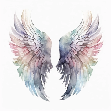 A serene and ethereal scene of white clear background Angel Wings Watercolor Clipart, delicately painted with soft hues of blue and pink, capturing the graceful flow of the wings' feathers, creating a sense of weightlessness and tranquility. The wings possess intricate details, showcasing the fine lines and patterns that accentuate their beauty. The watercolor technique adds a dreamlike quality, with subtle gradients and blending of colors, as if the wings are made of pure light and air. The ima