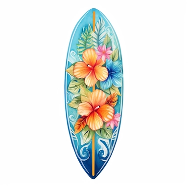 Pastel Cute Beautiful surf board tropical flower Watercolor Sublimation Clipart,Cartoon, hyper realistic, intricate detail, illustration style,high solution,on the white background