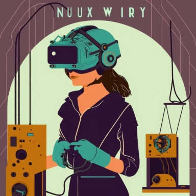 vr headset, virtual reality, industrial worker, woman, poster, learning in vr gogle, repairing machine, simplistic, abstract, vector, 2d illustration, clipart, few colors, industrial, hi-tech