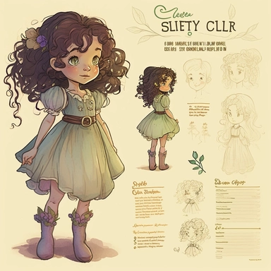 Little girl exploring, character sheet, illustration for book, children's book, multiple positions,five years old, curly hair, dark brown hair,Watercolor Clipart, strybk, full Illustration, 4k, sharp focus, watercolor, smooth soft skin, symmetrical, soft lighting, detailed face, concept art, watercolor style, strybk, children's style fairy tales, chibi kawaii, . Octane rendering, 3d. Perfect face, detailed face, delicate face, perfect sharp lips, detailed eyes. Craig Davison, Aubrey Beardsley, C