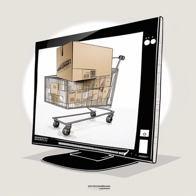 website cart with packages, black and white, with computer monitor screen, clipart style, square with round edge color #ba4896 background
