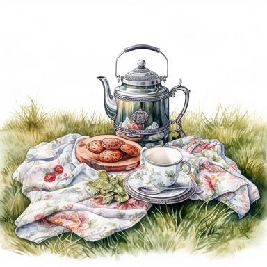 watercolor, hyper realistic, white background with margins, 8k, ultra detailed clipart, victorian style, cut out image a teapot and cups, outdoor, on blanket on grass, green and white