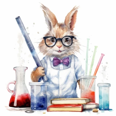 a delightful watercolor clipart image with a white background, featuring an enthusiastic rabbit scientist wearing a lab coat and glasses, conducting experiments with colorful test tubes.