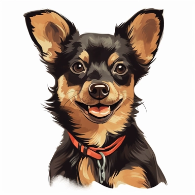 clipart of a black and tan mixed pincher and pomeranian puppy dog, with pointed ears up, sweet snout, short hair, tongue out, red collar - <@1012621388890263592> (fast)