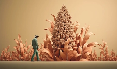 A huge leaf of sorghum, Little farmer characters standing on leaves, micro photography, 3D, clipping style, poster, plant, octane, art style