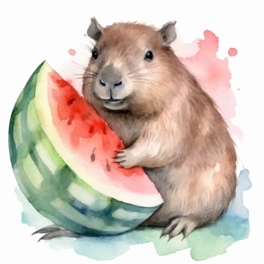 watercolor Clipart, capybara eating water melon no background