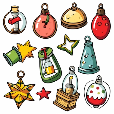 christmas ornaments, simple, isometric, on white background, cartoon, vector art, clip art, doodle art, comic art, for children