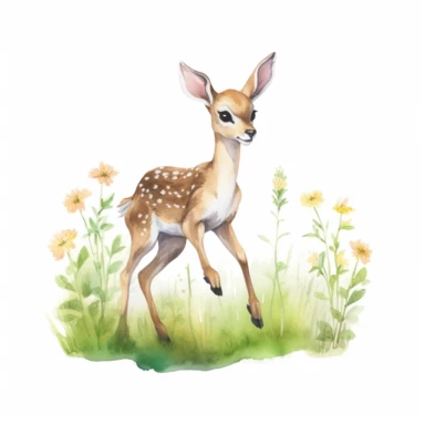 cute gazelle fawn, frolicking and prancing in the open meadow, a picture of pure joy, soft pastel colors, clipart, on a white background