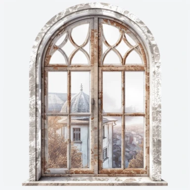 old window, vintage, clear, view from inside the house, white background, clipart