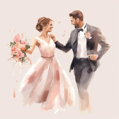 watercolor, drawing, illustration of the bride and groom, bride short hair, laughing, wedding dance, holding a bouquet, flowers, clipart, high resolution format, photorealistic, 3D. 4K