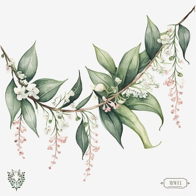 A watercolor clipart featuring delicate muguet (lily of the valley) flowers depicted on a string or garland. The flowers are depicted with intricate details, capturing the texture and delicacy of each petal and leaf. The watercolor technique used in the painting gives the image a soft, dreamy quality, with the colors blending together in a way that suggests movement and life. The garland or string design adds a whimsical and playful touch to the image, making it suitable for a variety of occasio