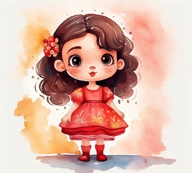 cute adorable little Spanish princess character watercolor clipart, full body, disney, pixar