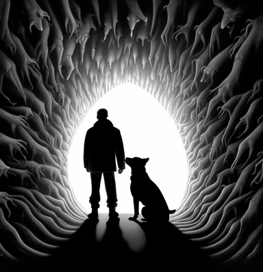 dog rescuer person with her guardian dog to give away free black and white clipart and free silhouettes, in the style of m.c. escher, animated gifs, alex colville, letras y figuras, light & shadow, associated press photo, heroic masculinity