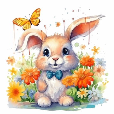 /imagie cute bunny eating a carrot surrounded by flowers and butterflys, clip art, water colored, no splashes